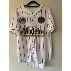 Modelo Cerveza Mens Large White Pinstripe Baseball Jersey Beer Advertising